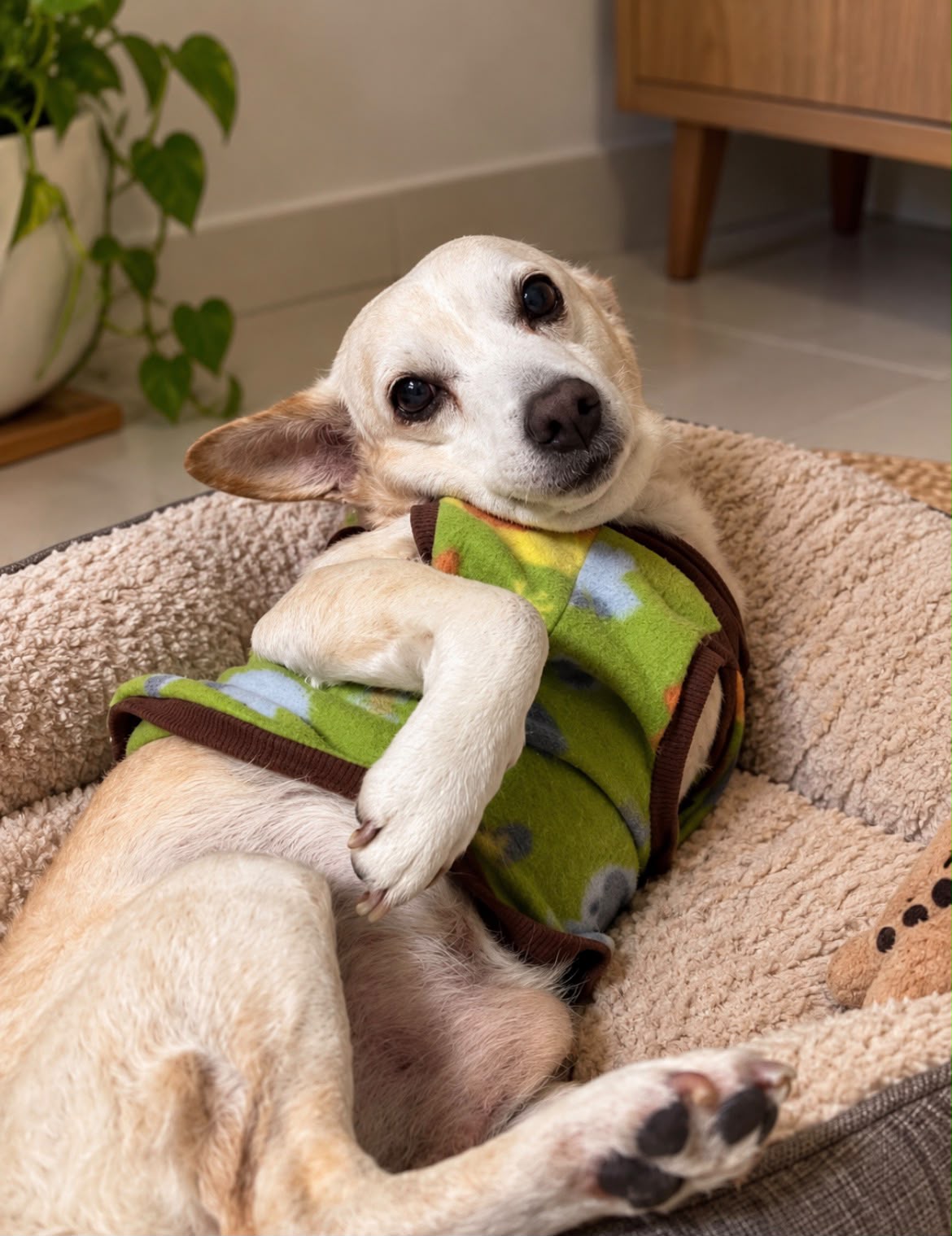 Perninha, cachorro claro, descansando na caminha de casa