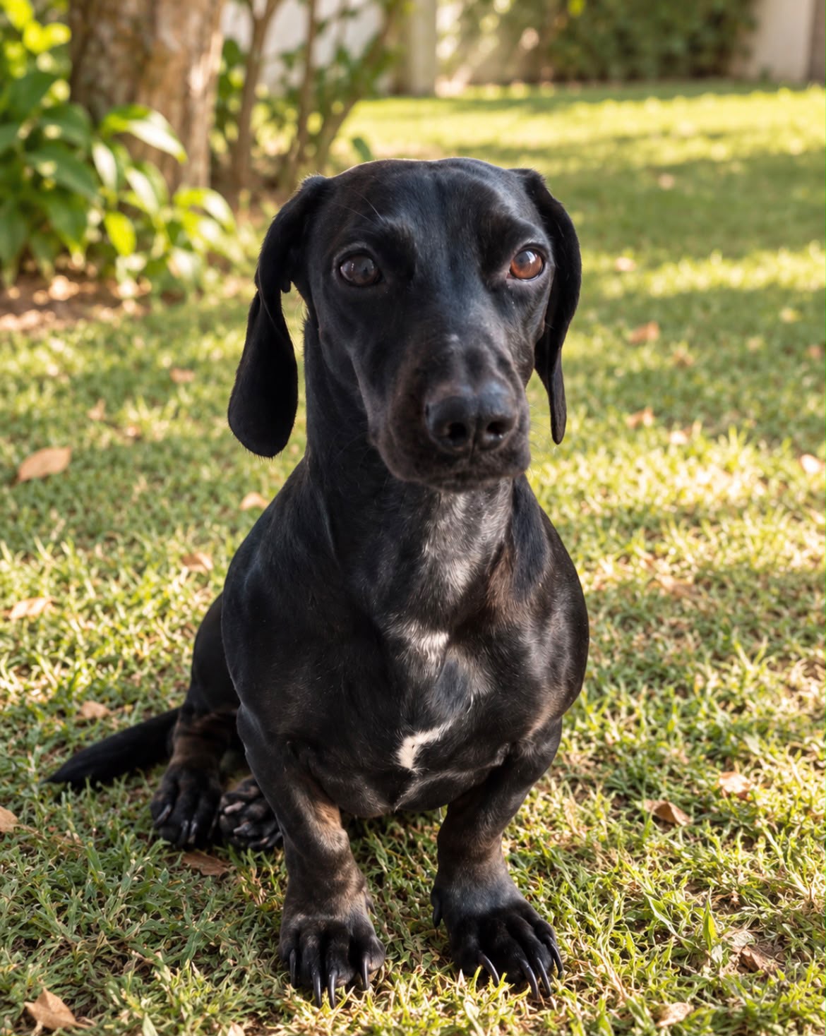 Hulk, cachorro preto, sentado na grama ao sol